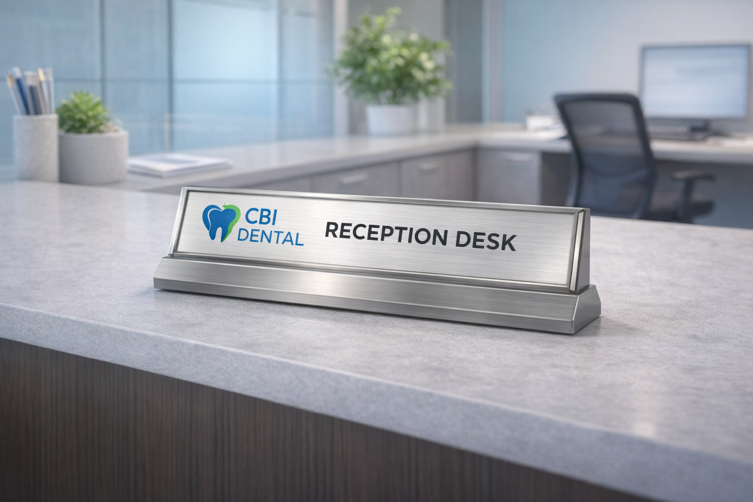 Custom brushed metal dental office desk nameplate mockup with logo and staff title