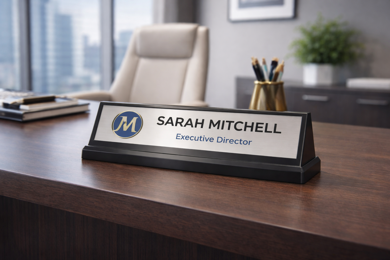 Corporate executive desk nameplate mockup with modern branding and premium finish