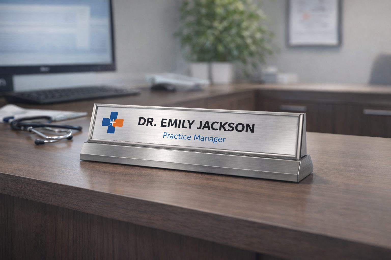 Modern office nameplate mockup for doctor or manager desk with custom business branding