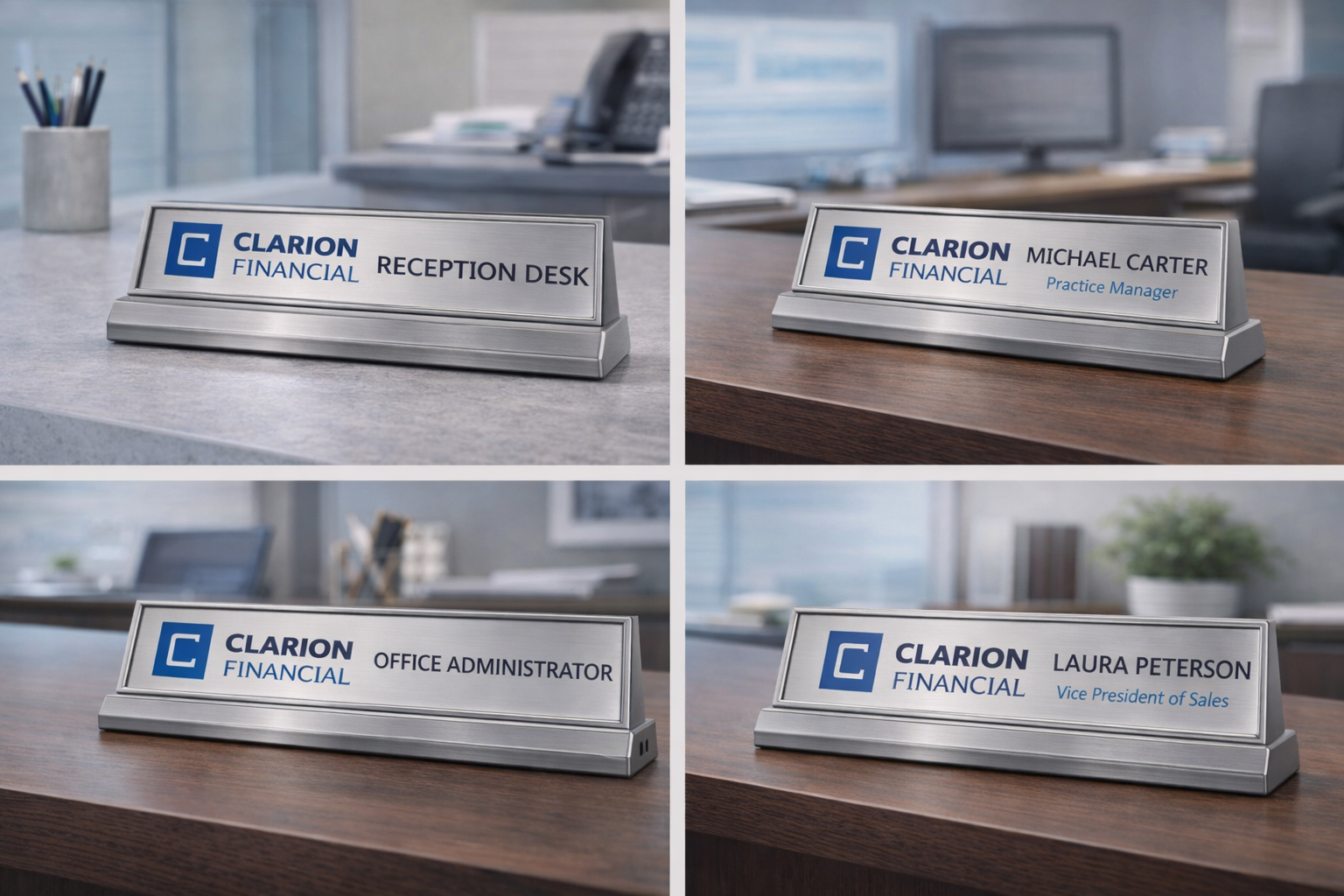 Custom office nameplate collection mockup showing matching desk nameplates for a branded workspace